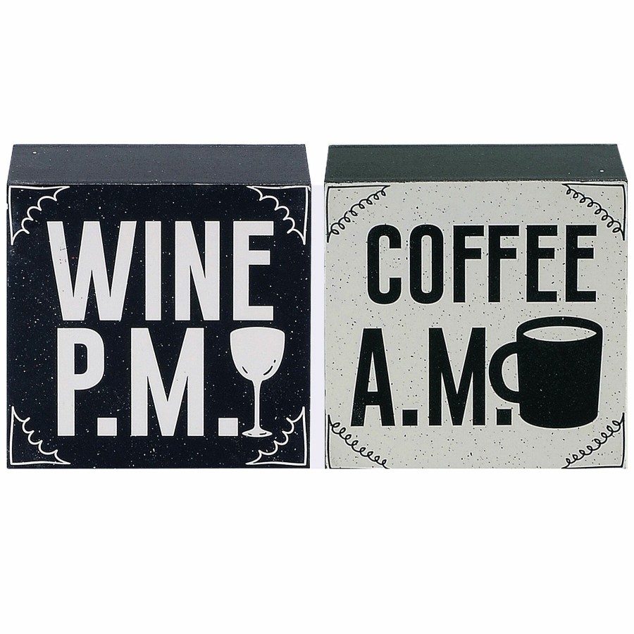 Home Accents * | Best Sellers Coffee A.M. Wine P.M. Reversable Wooden Block Sign, 4