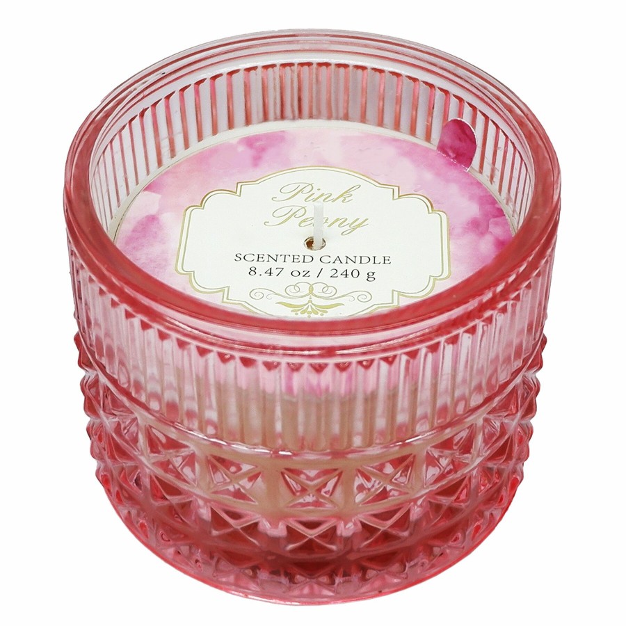 Candles & Home Fragrance * | Reliable Quality Pink Peony Scented Embossed Glass Jar Candle, 8.5Oz