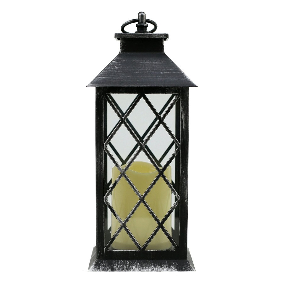 Home Accents * | Sale Black & Silver Brushed Led Lantern With 6 Hour Timer, 12