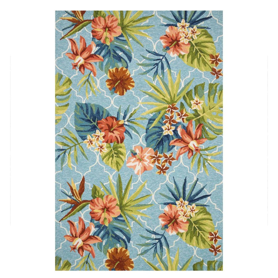 Rugs & Curtains * | Closeout Sale (E227) Santa Monica Trellis Aqua Floral Indoor & Outdoor Area Rug, 5 7