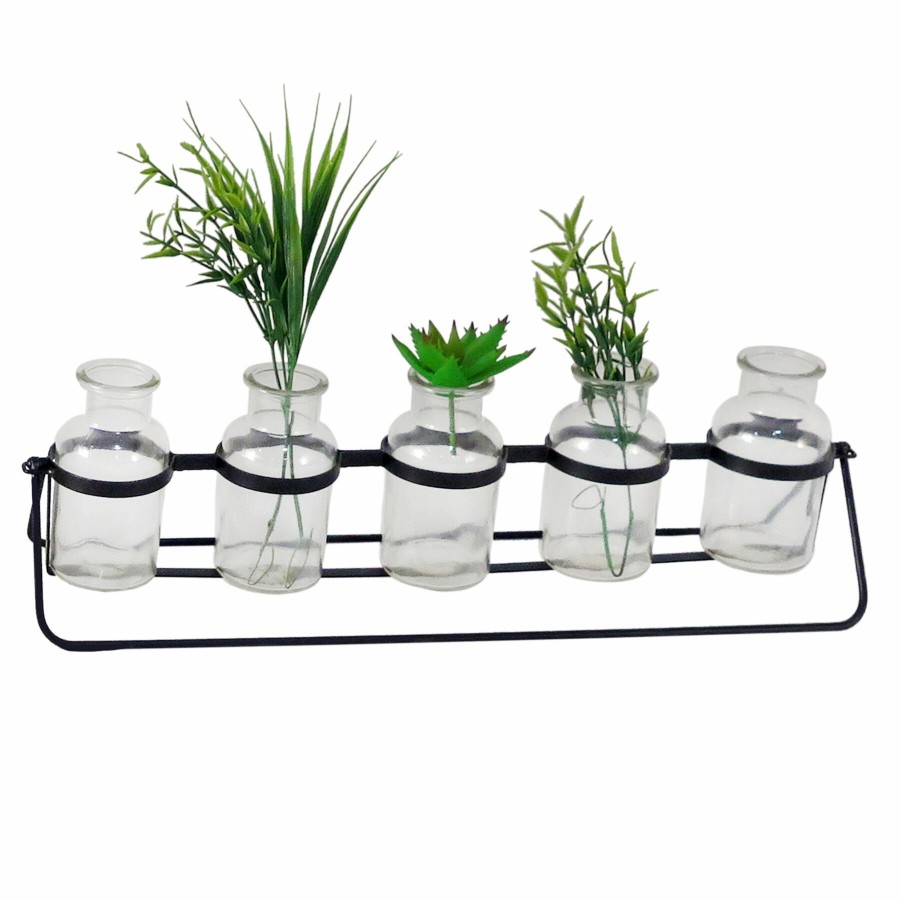 Home Accents * | Sale Floating Set Of 5 Clear Glass Bud Vases With Black Stand, 20