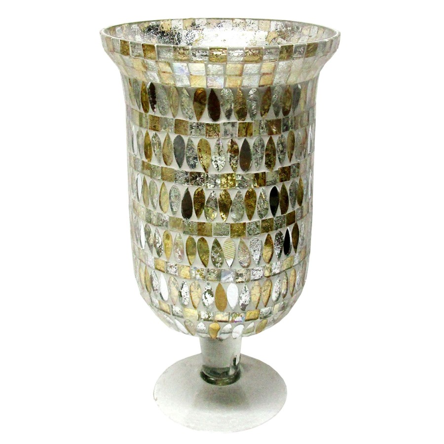 Home Accents * | Reliable Quality Gold Petal Mosaic Pedestal Hurricane Candle Holder, 11